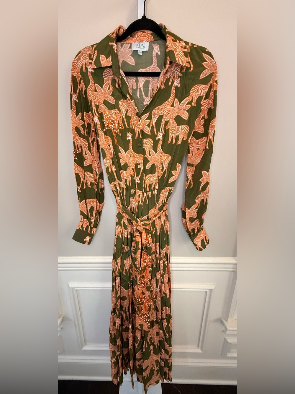 TAJ by Sabrina Crippa Safari Print Maxi Dress Olive Orange Long Sleeve XS